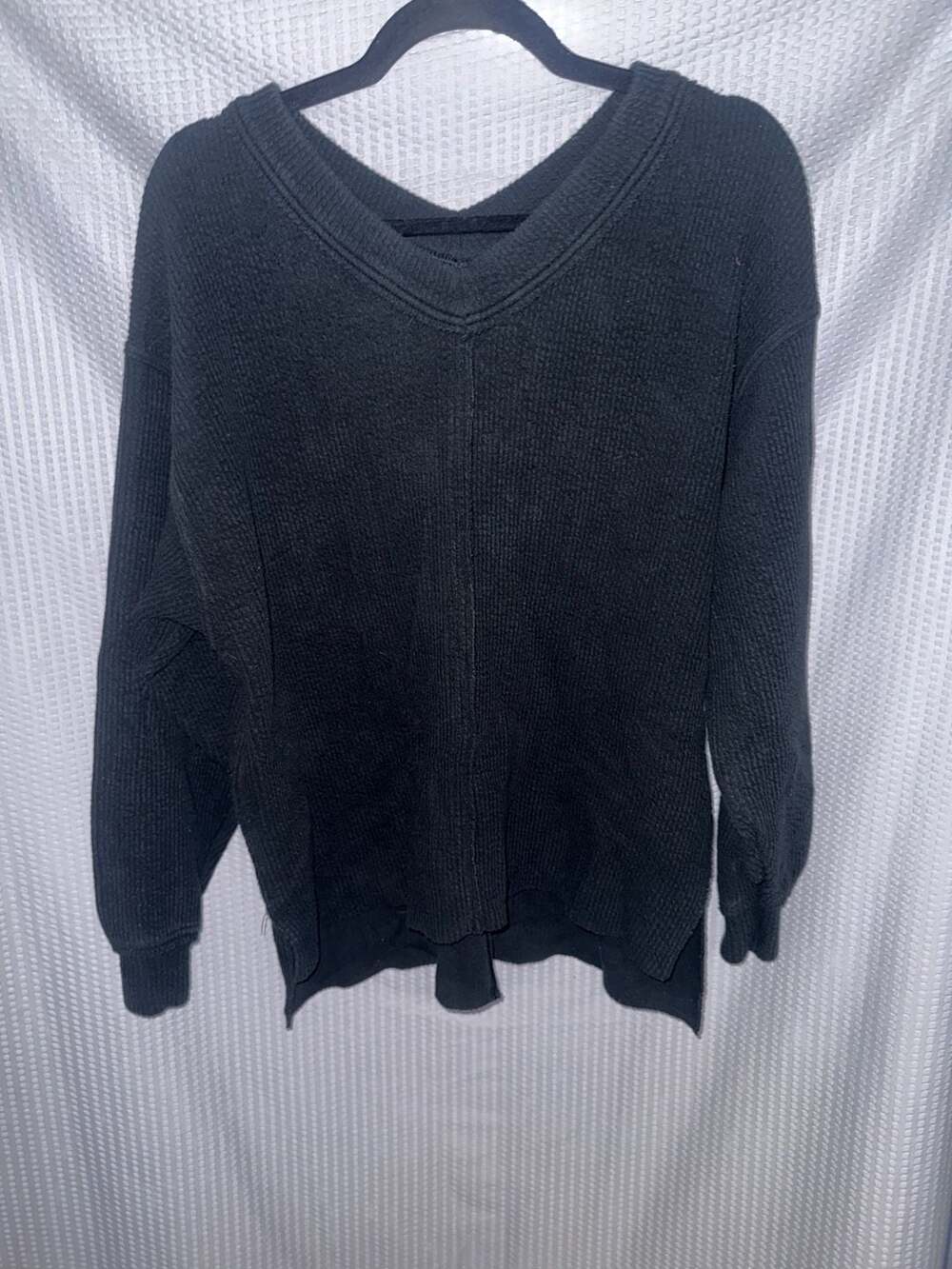 Aerie Black Waffle Knit V-Neck Sweater Top XS